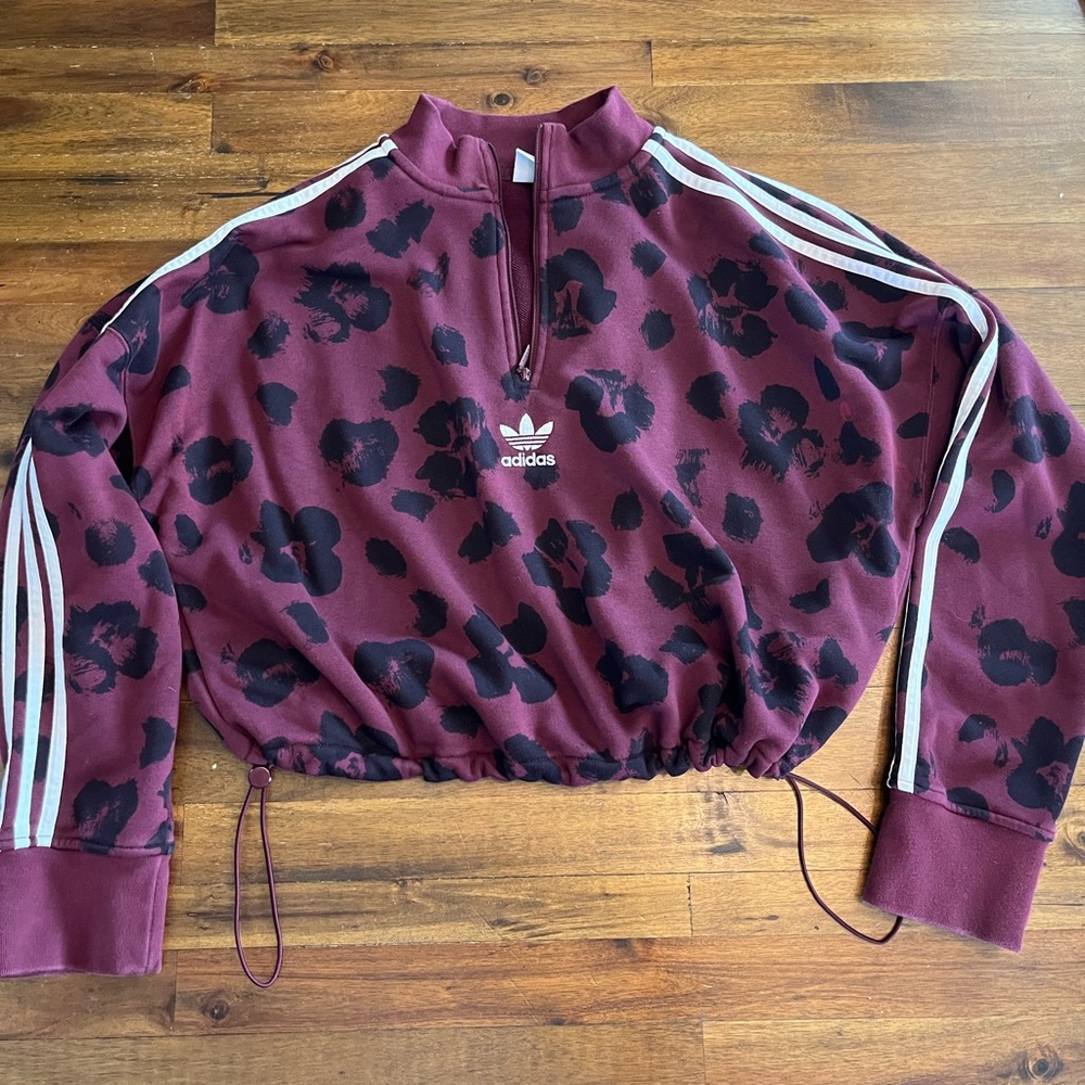 ADIDAS Burgundy Crop Leopard Sweatshirt Top Women’s L